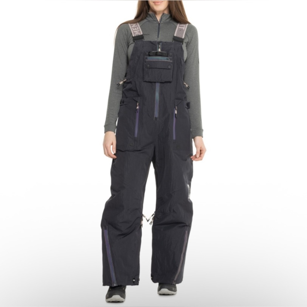 Free People Black Snow Bib Overalls with Purple Accents